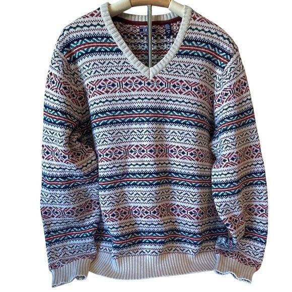 Men's Fair Isle Fisherman Cotton V-neck Long Sleeve Sweater Ribbed Hem Size XL - Picture 1 of 10